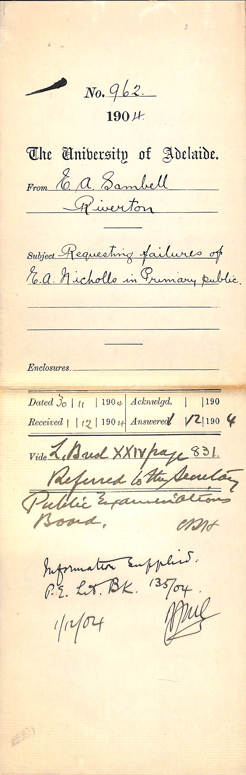 Requesting failure of E A Nicholls in Primary Public