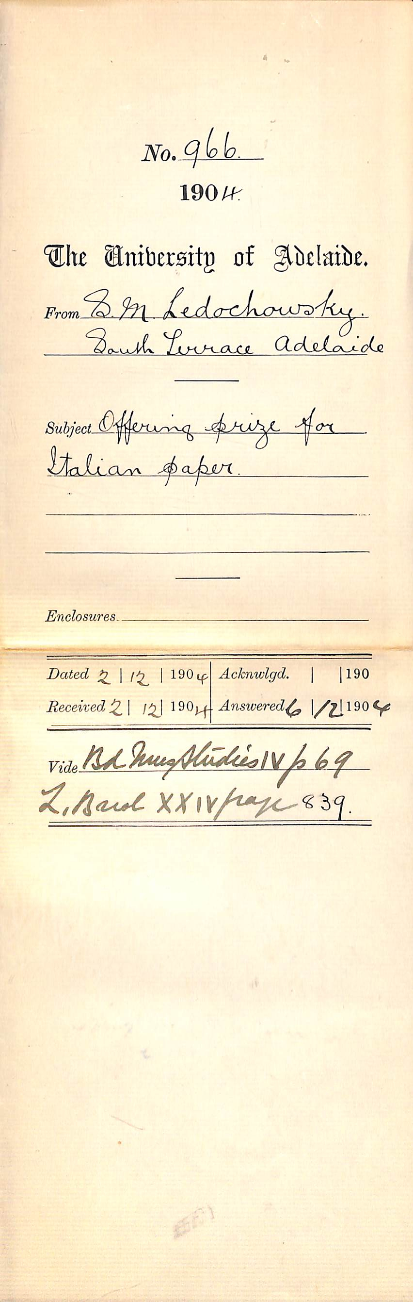 Offering Prize for Italian Paper