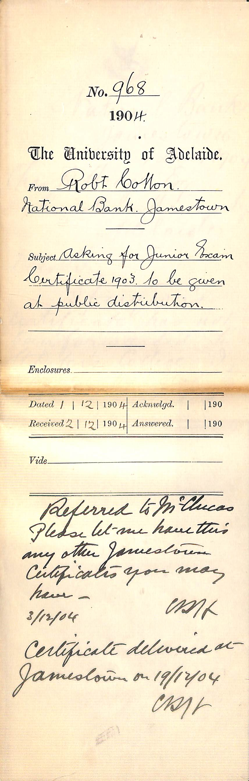 Asking for Junior Exam Certificate 1903 to be given at public distribution