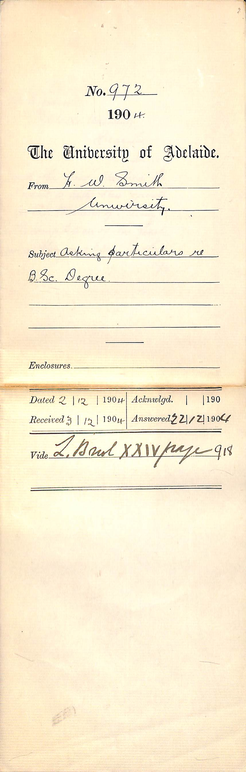 Asking particulars re B Sc Degree