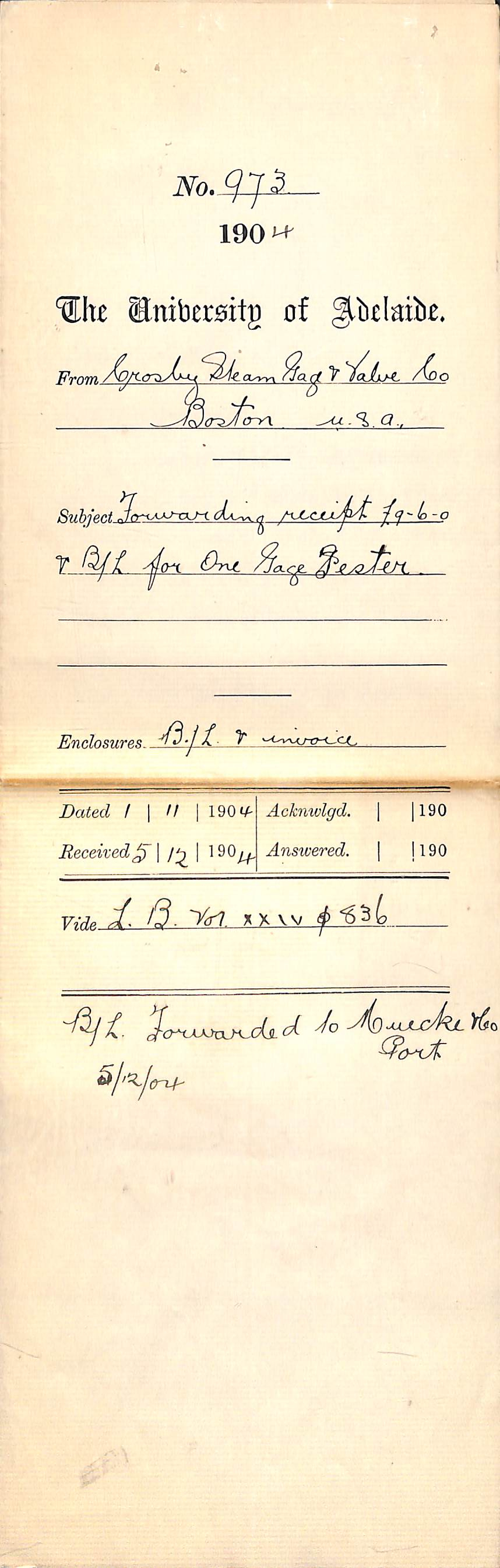 Forwarding receipt 9-6-0 pounds and Bill of Lading for One Gage Test