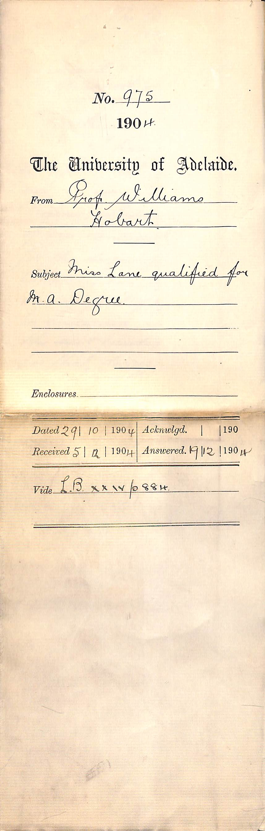 Miss Annie Lane qualified for M A Degree