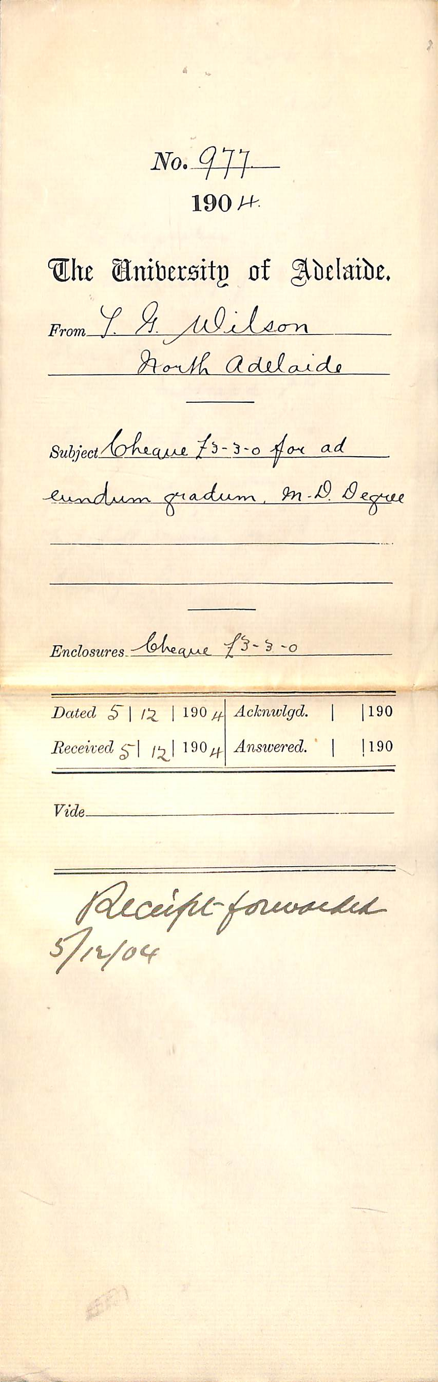 Cheque 3-3-0 pounds for ad eundem gradum M A Degree