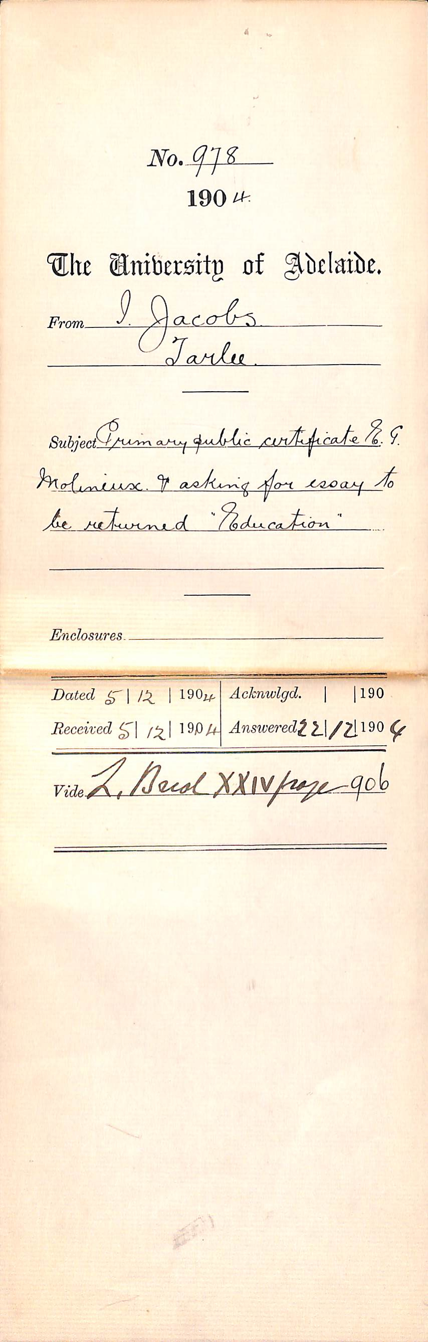 Primary Public Certificate Eugene Gilbert Molineux and asking for essay to be returned Education