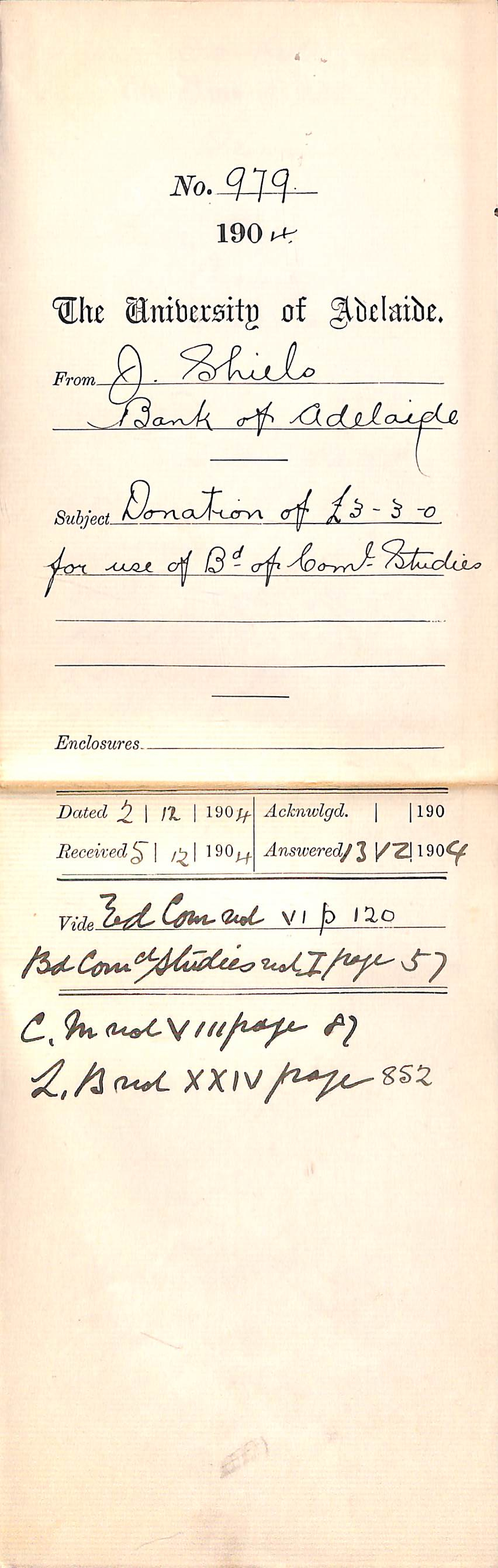 Donation of 3-3-0 pounds for use of Board of Commercial Studies