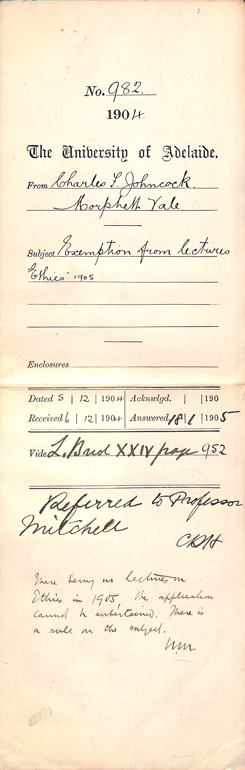 Exemption from Lectures Ethics 1905
