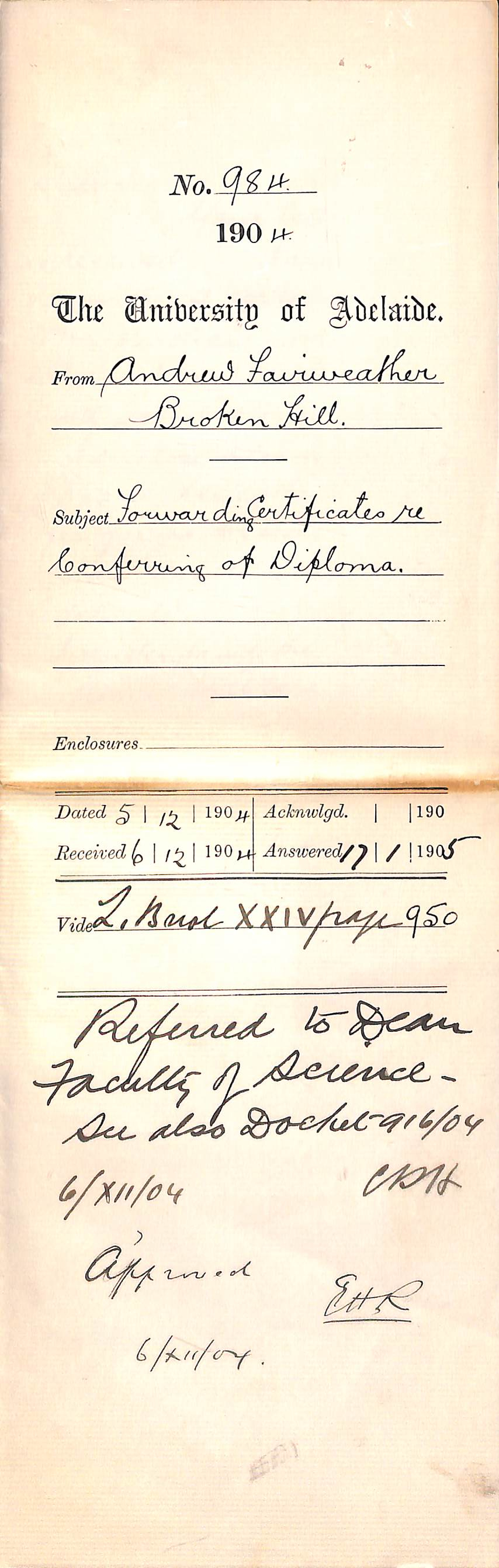 Forwarding Certificates re Conferring of Diploma