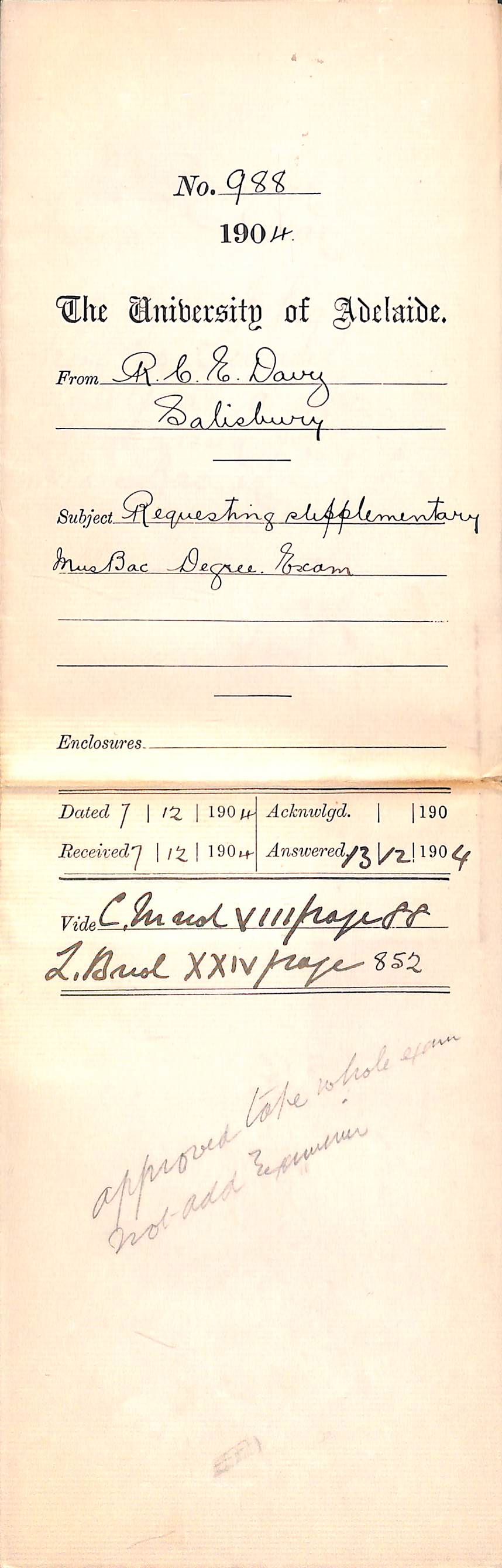 Requesting Supplementary Mus Bac Degree Exam