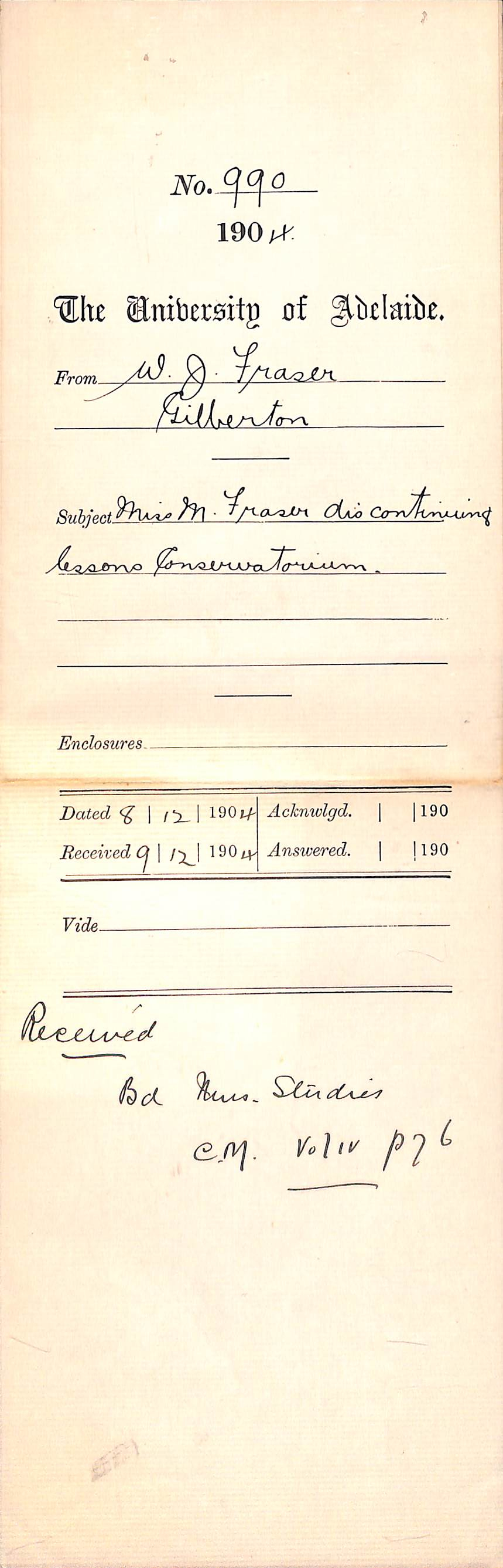 Miss M Fraser discontinuing lessons Conservatorium