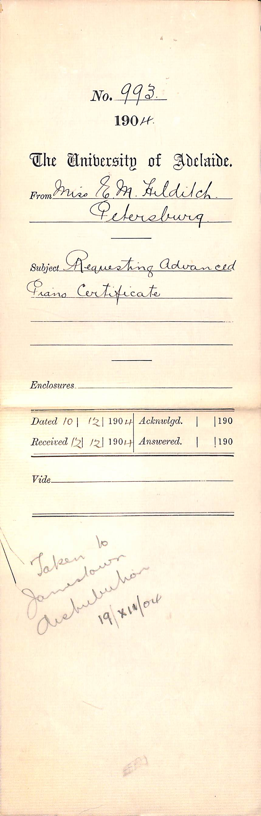 Requesting Advanced Piano Certificate