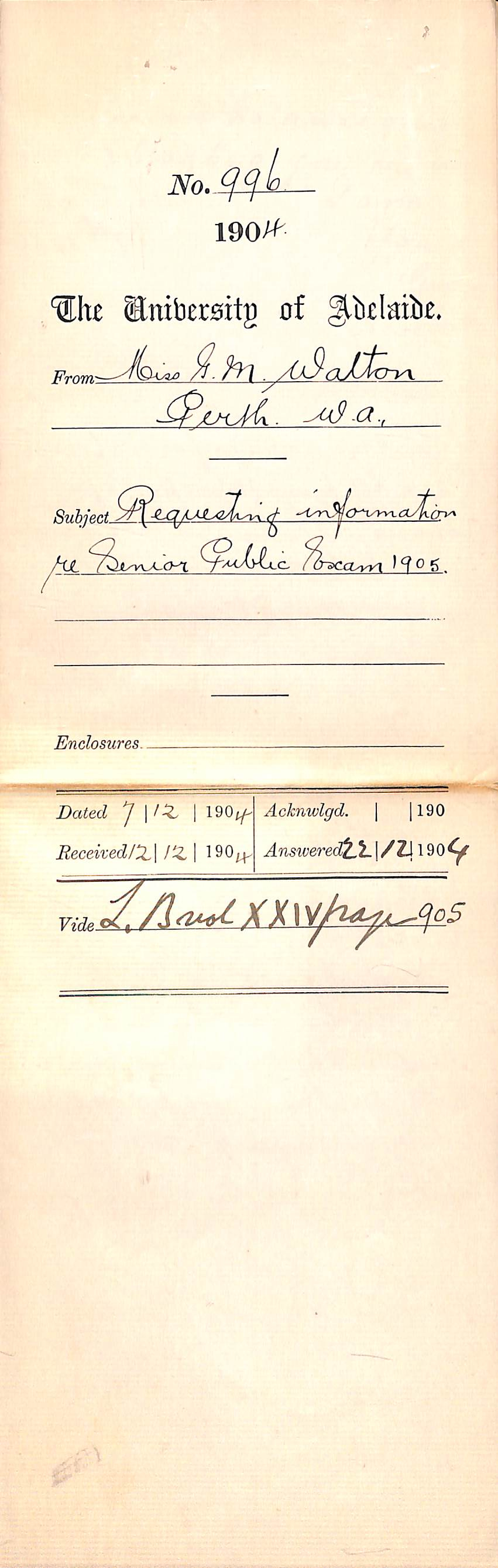 Requesting information re Senior Public Exam 1905