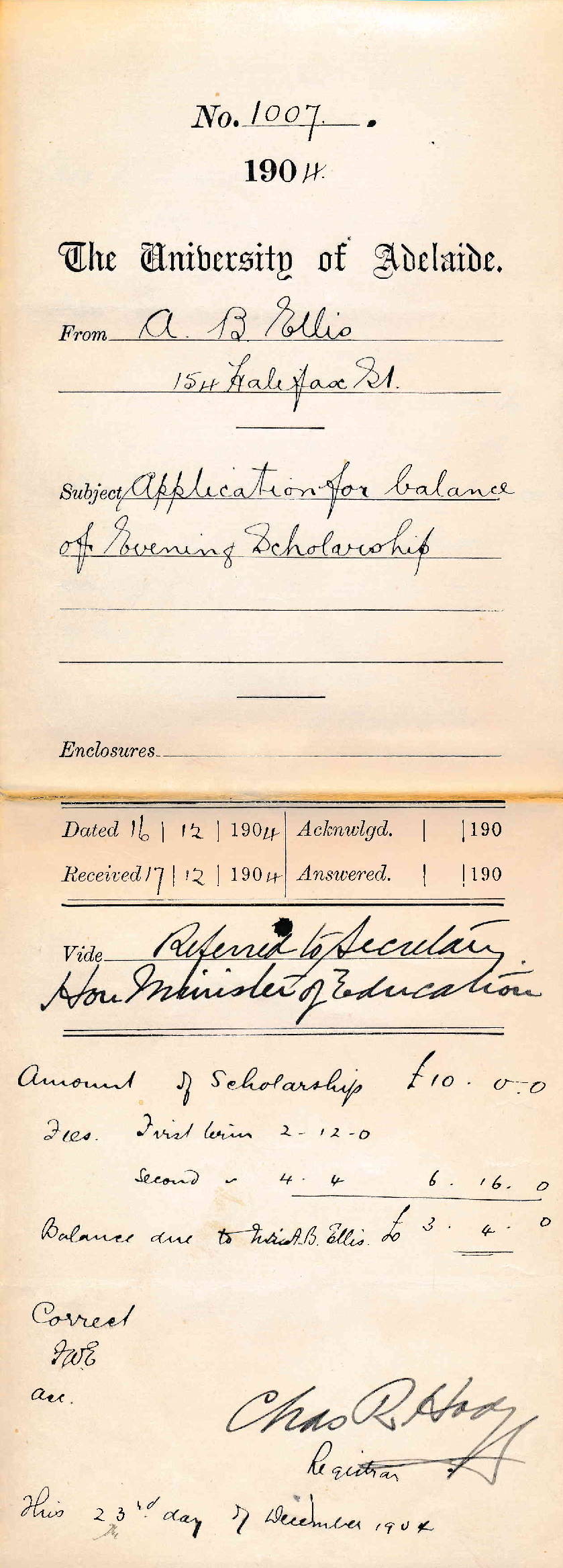 Application for balance of Evening Scholarship - Ellis