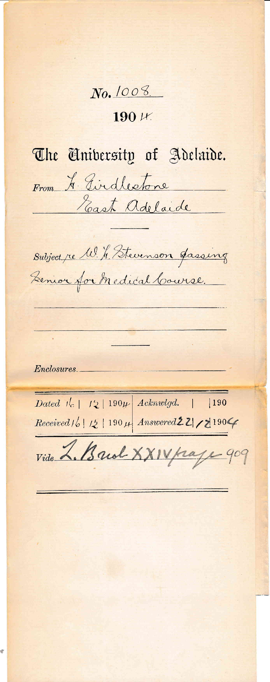 Re W H Stevenson passing Senior for Medical