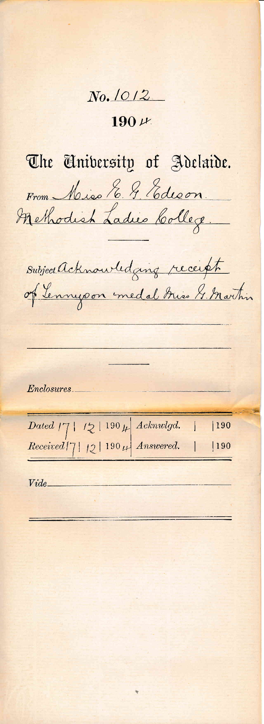 Acknowledging receipt of Tennyson Medal Miss Grace Martin