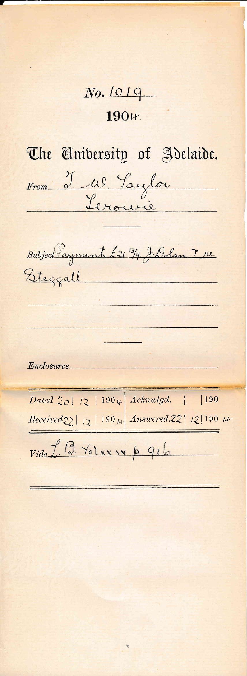 Payment 21-13-9 pounds Dolan and re Steggall