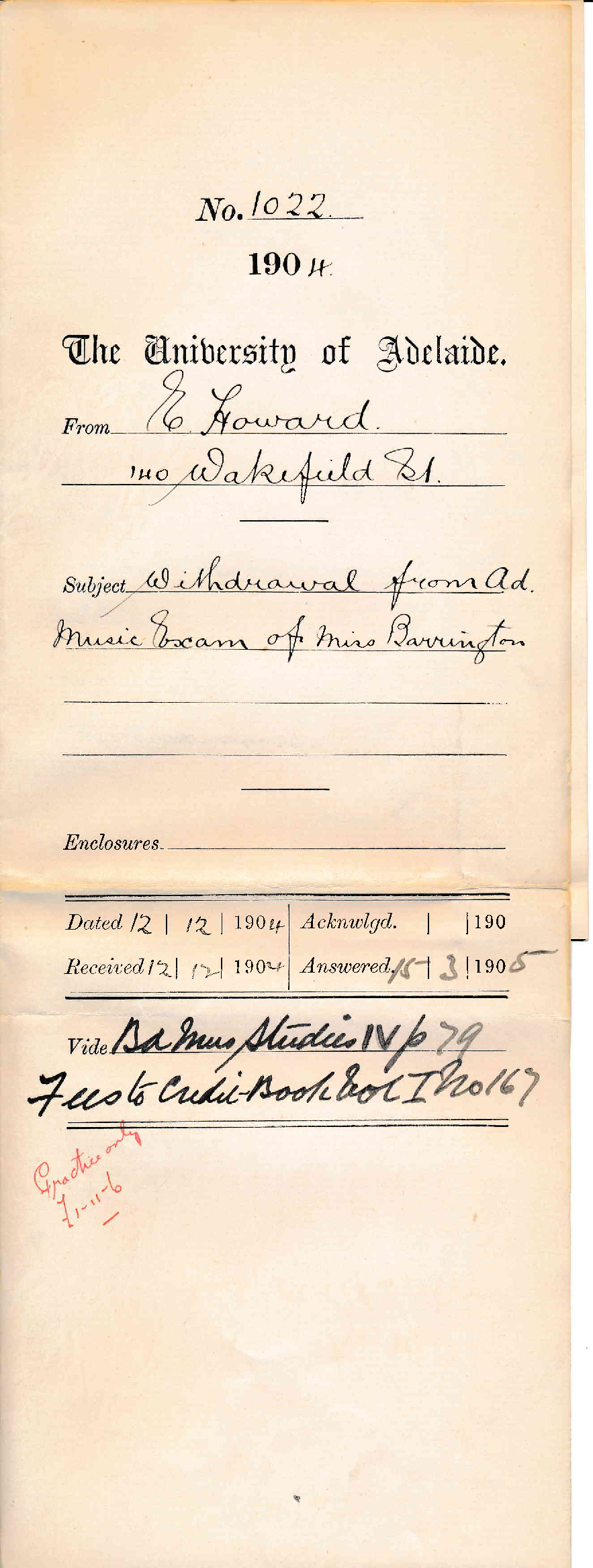 Withdrawal from Advanced Music Exam of Miss Barrington