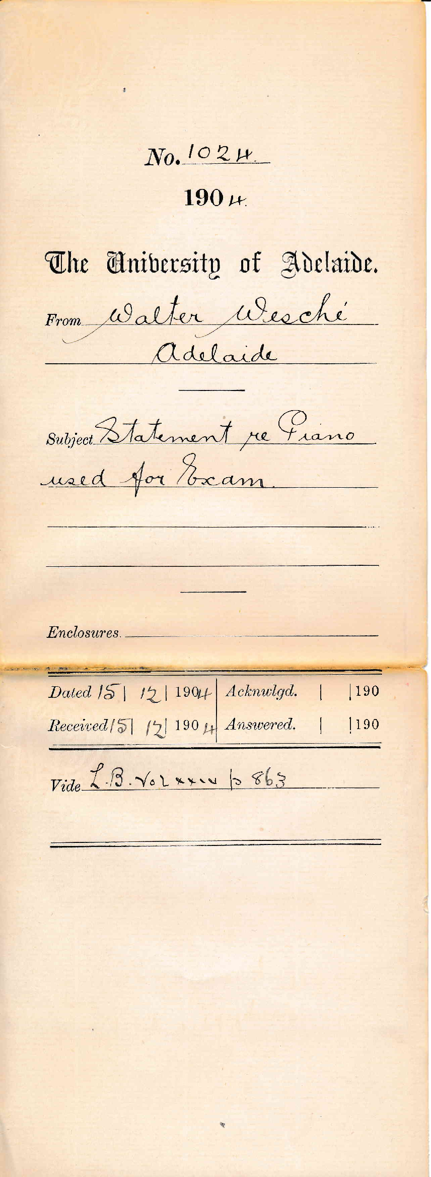 Statement re Piano used for Exam