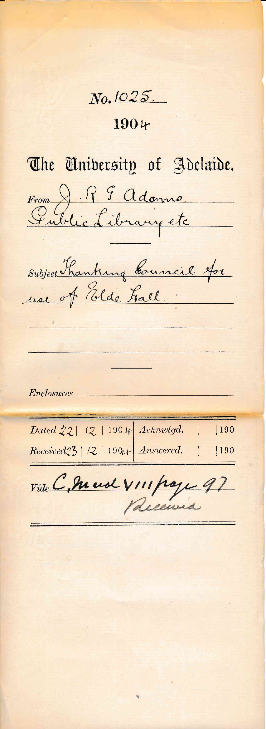 Thanking Council for use of Elder Hall