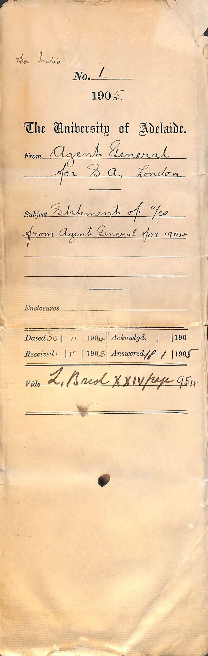 Statement of Accounts from Agent General for 1904