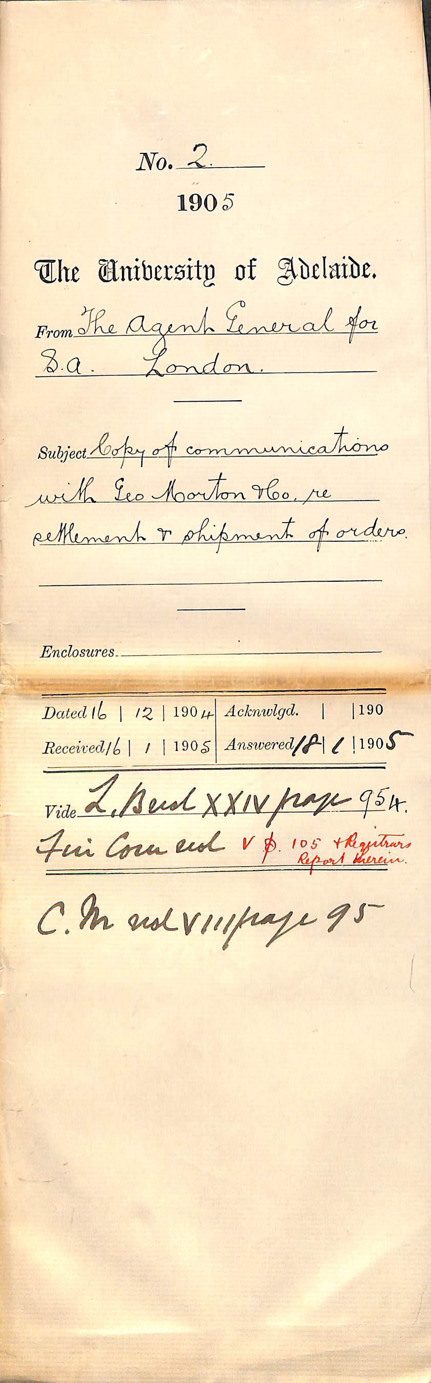 Copy of communications with George Morton and Company re settlement and shipment of orders