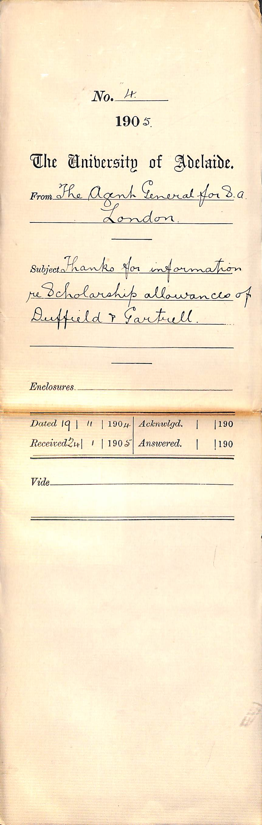 Thanks for information re Scholarship allowances of Walter Geoffrey Duffield and Herbert William Gartrell