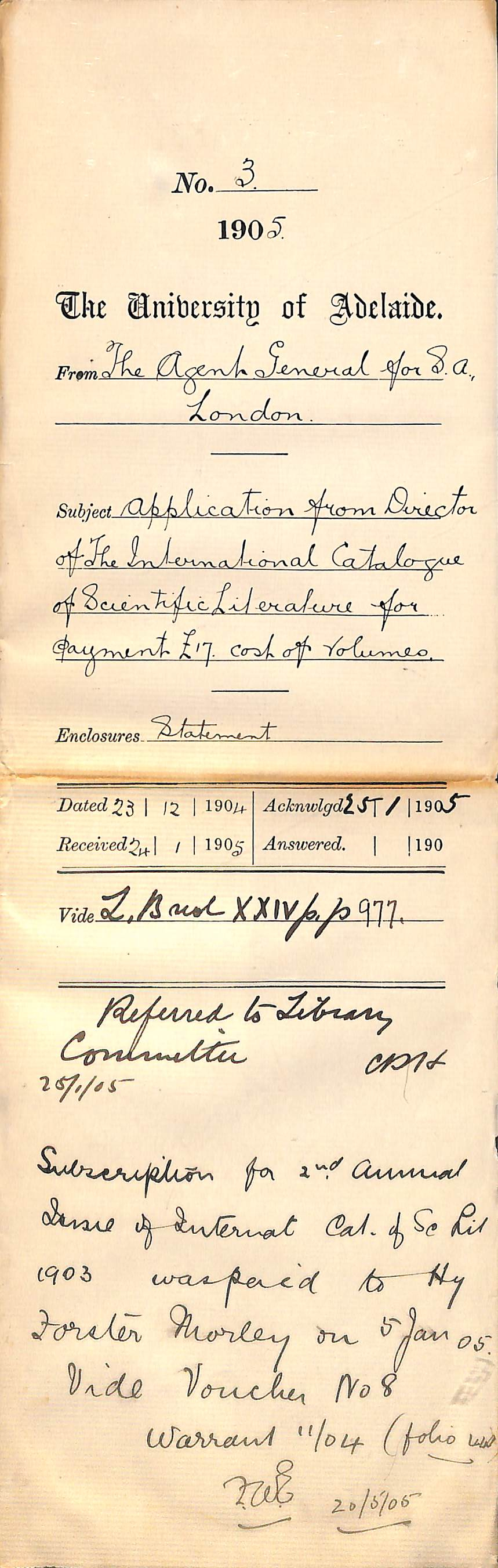 Application from Director of The International Catalogue of Scientific Literature for payment 17 pounds cost of Volumes