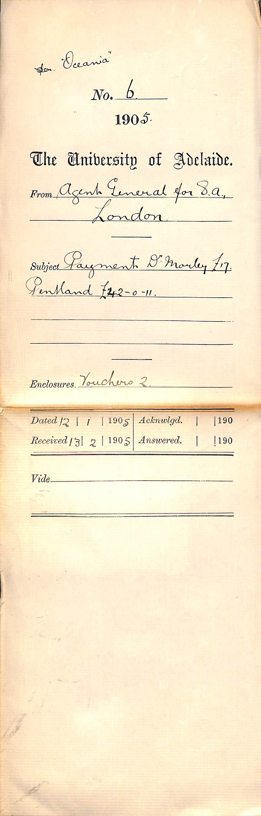 Payment Dr Morley 17 pounds Pentland 42-0-11 pounds