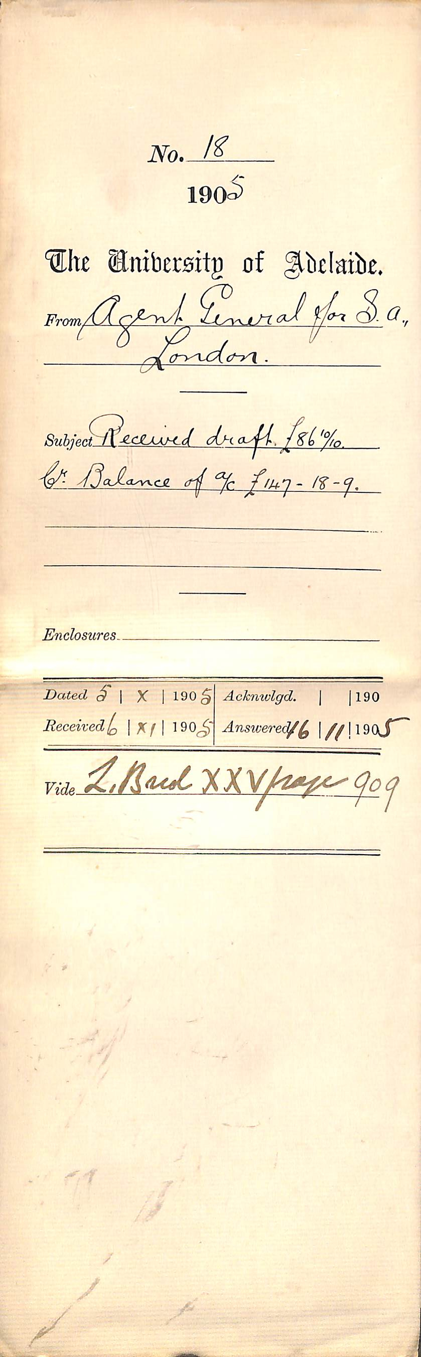 Received draft 86-10-10 pounds Credit Balance of Account 147-18-9 pounds