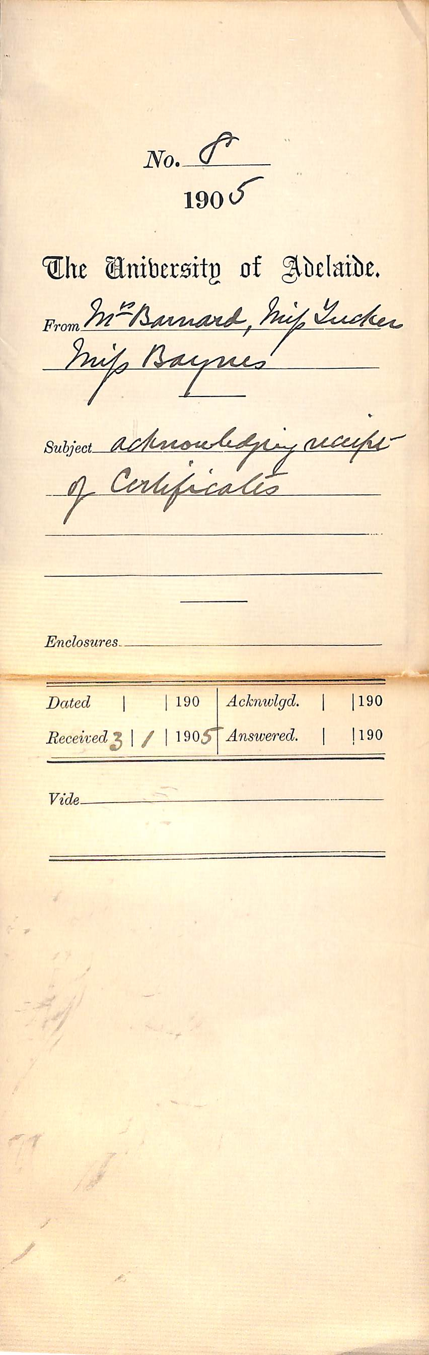 Acknowledging receipt of Certificates - Barnard - Baynes - Zucker