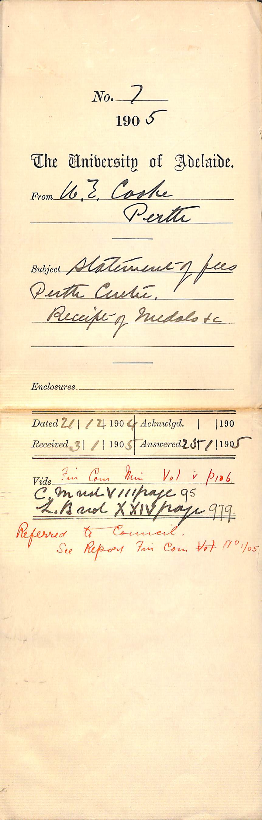 Statement of fees Perth Centre, Receipt of Medals etc