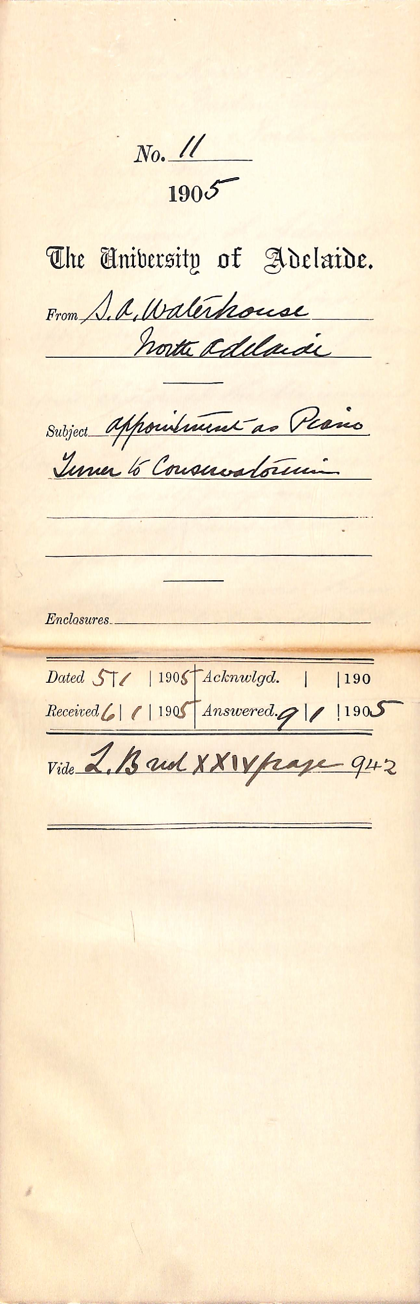 Application for the appointment as Piano Tuner to Conservatorium