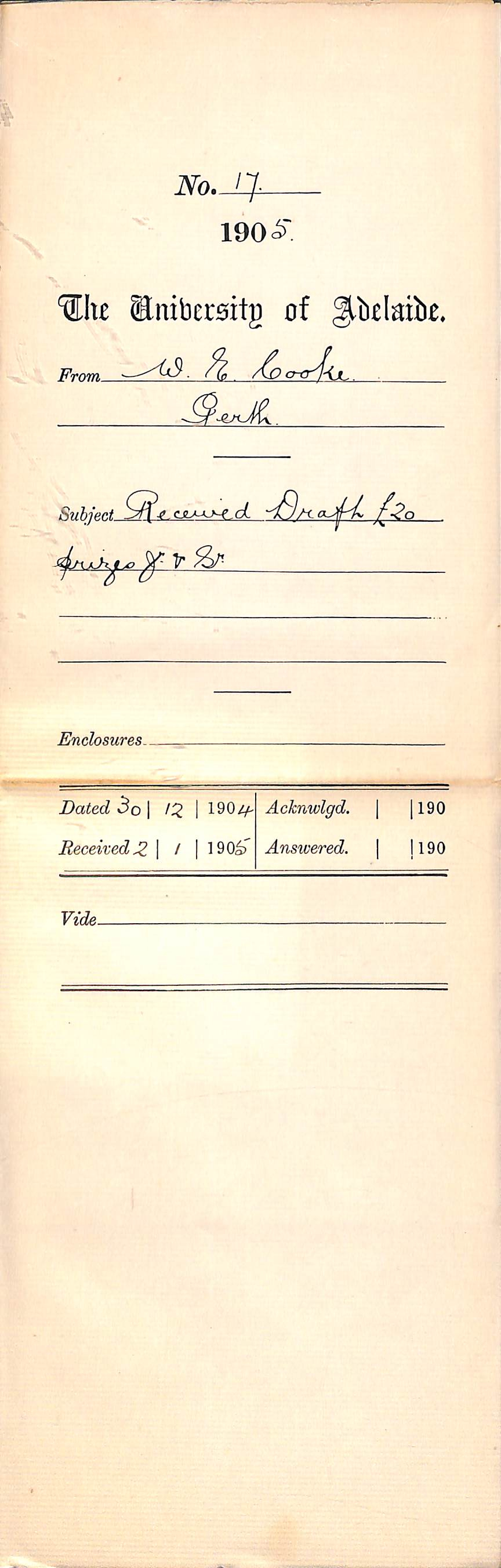 Received draft of &pound;20 - Prizes Junior and Senior