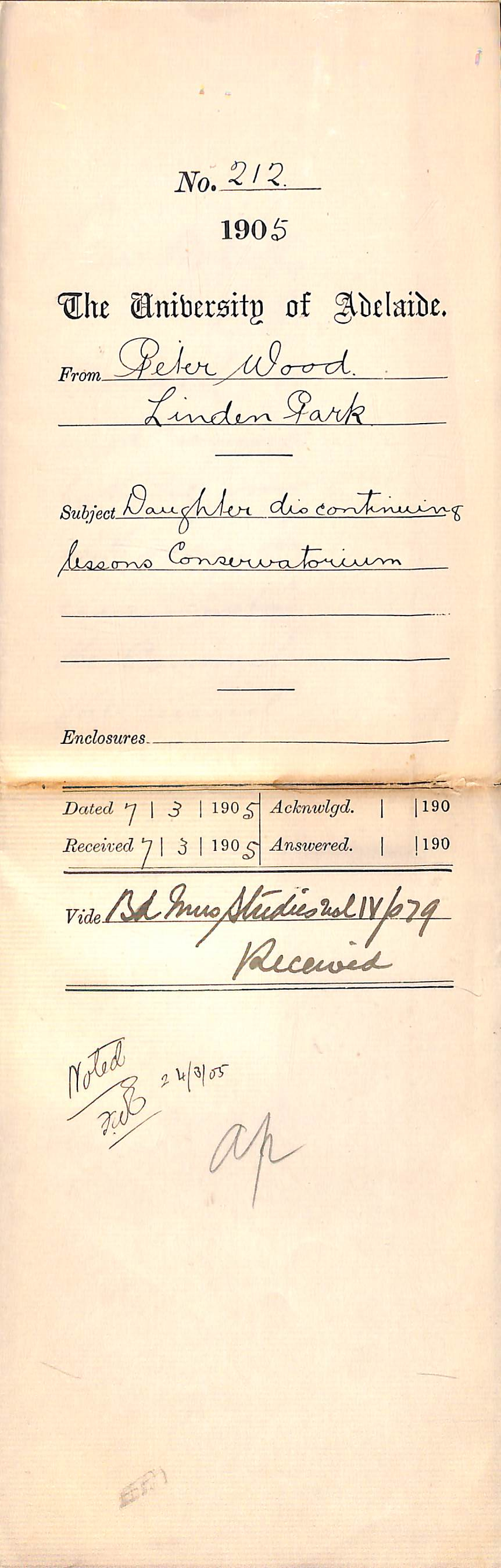 Daughter discontinuing lessons Conservatorium - Wood