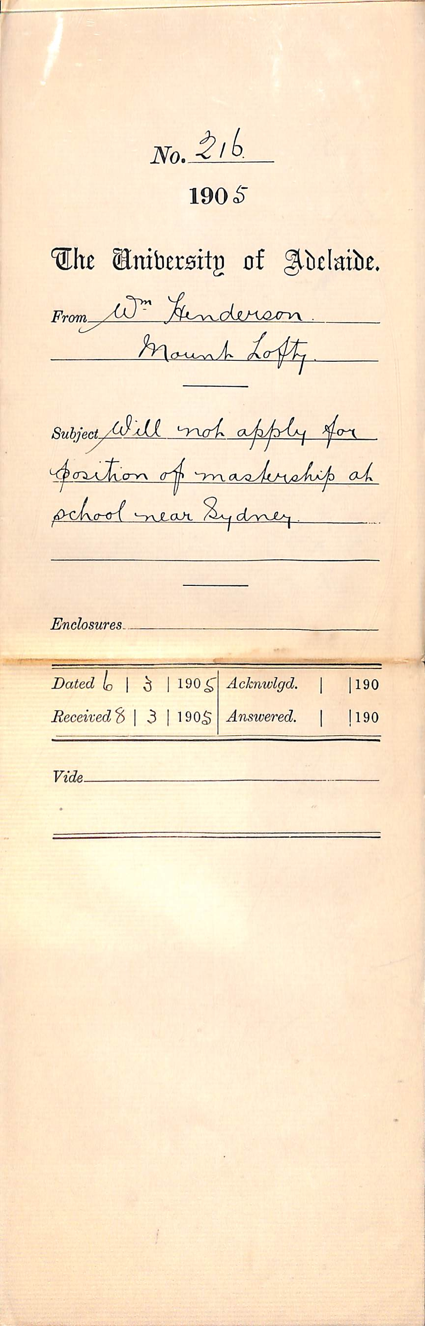 Will not apply position of Mastership at School near Sydney