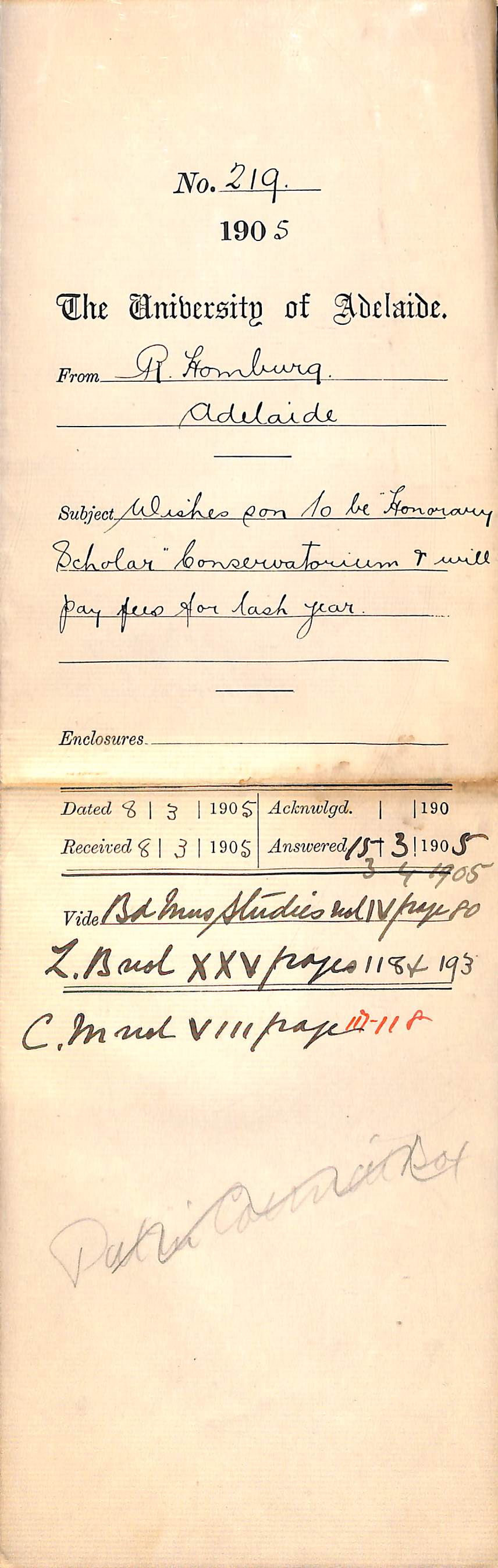 Wishes son to be Honorary Scholar Conservatorium and will pay fees for last year