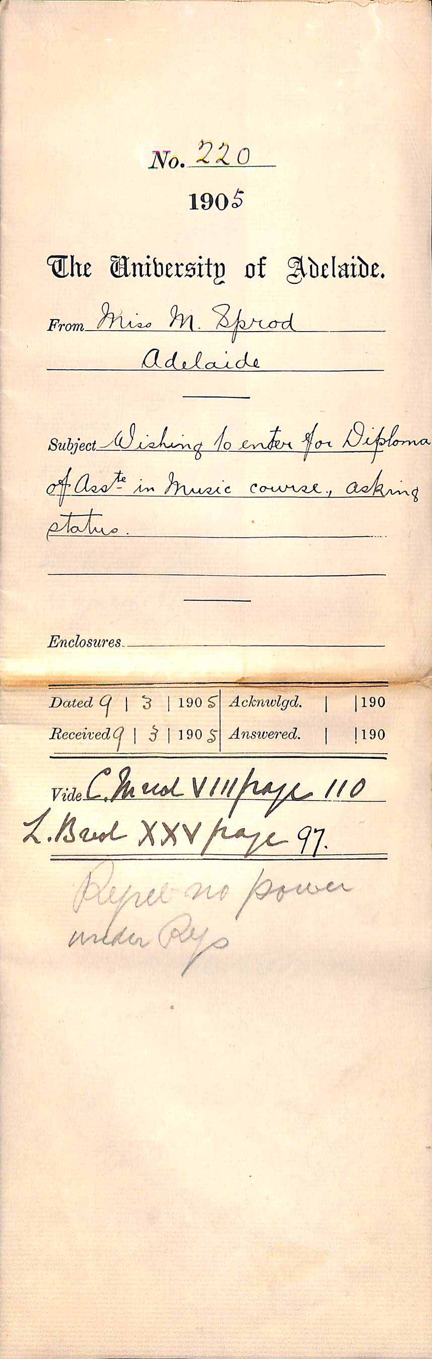 Wishing to Enter for Diploma of Associate in Music Course and asking status