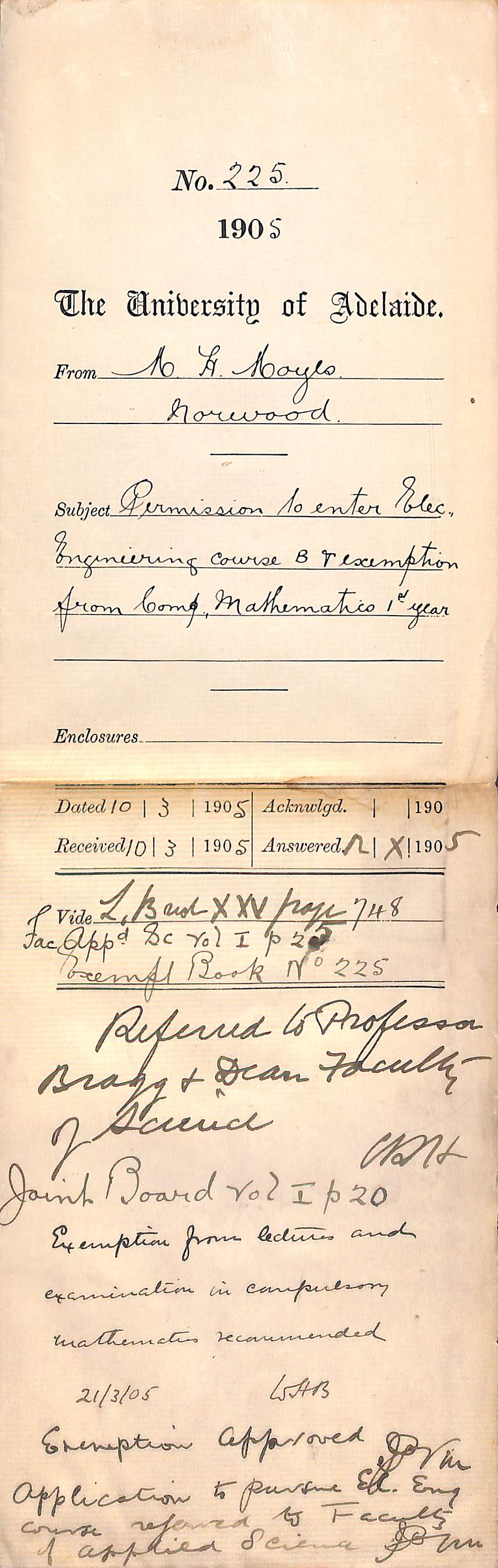 Permission to Enter Electric Engineering Course B and Exemption from Compulsory Mathematics 1st Year