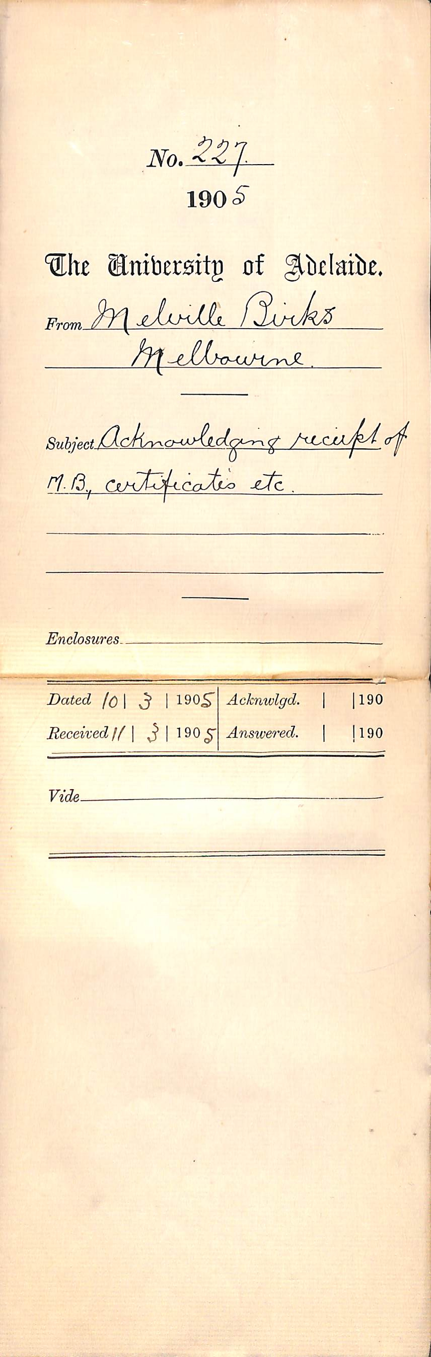 Acknowledging receipt of MB Certificates