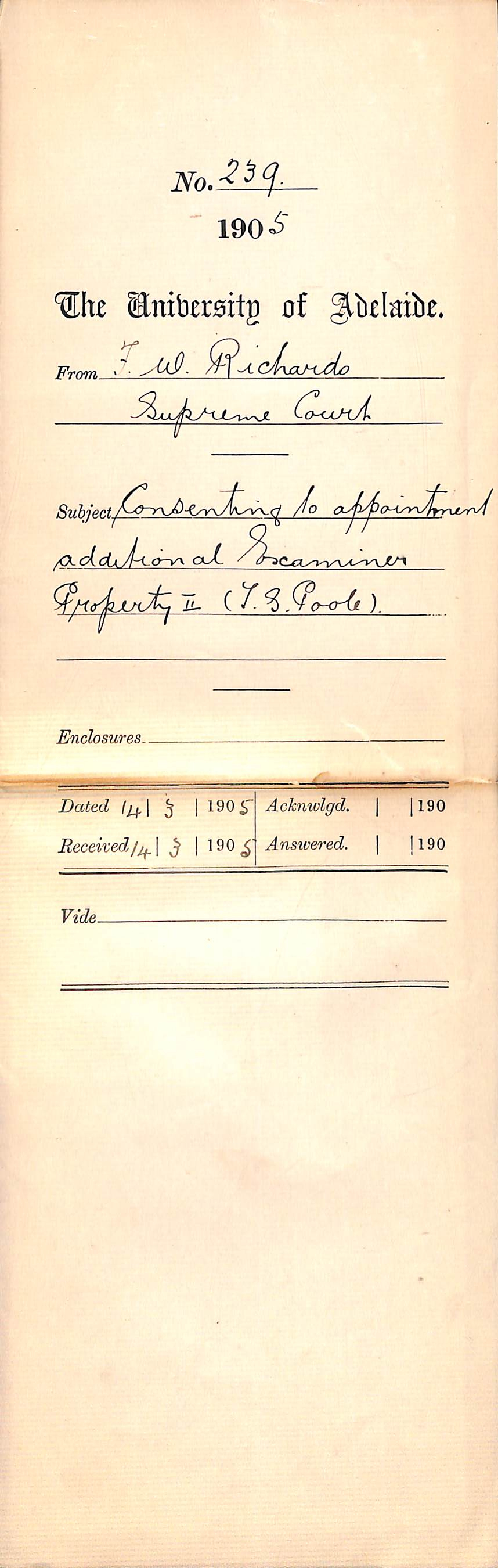 Consenting to appointment additional Examiner Property II T S Poole