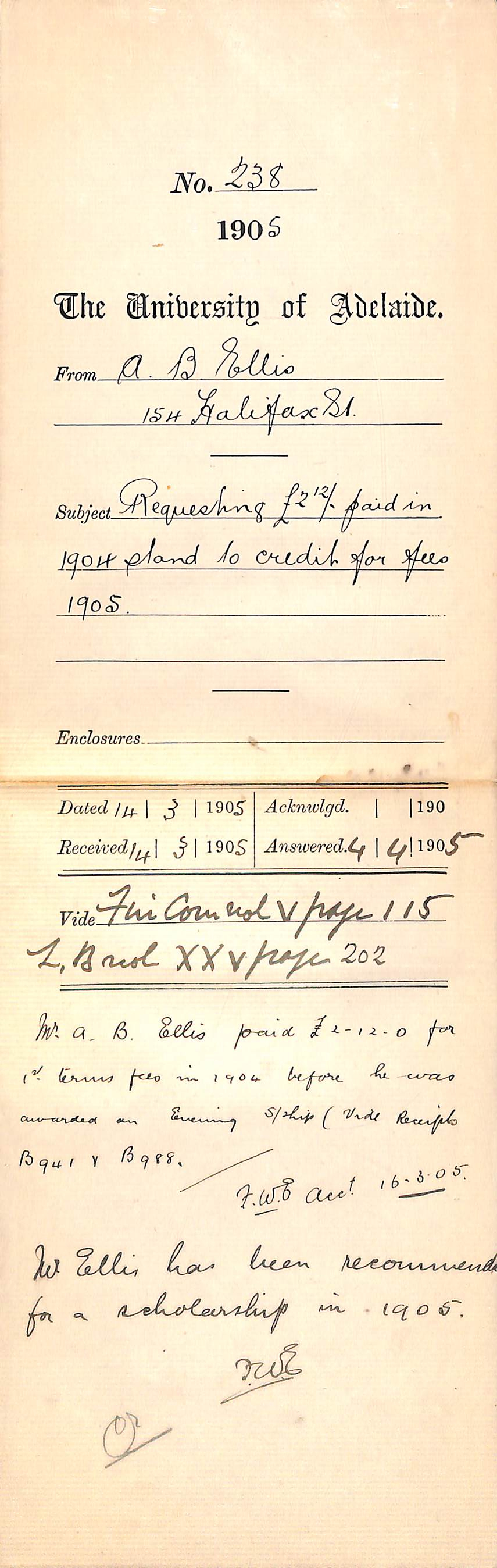 Requesting 2-12-0 pounds paid in 1904 stand to Credit for fees 1905