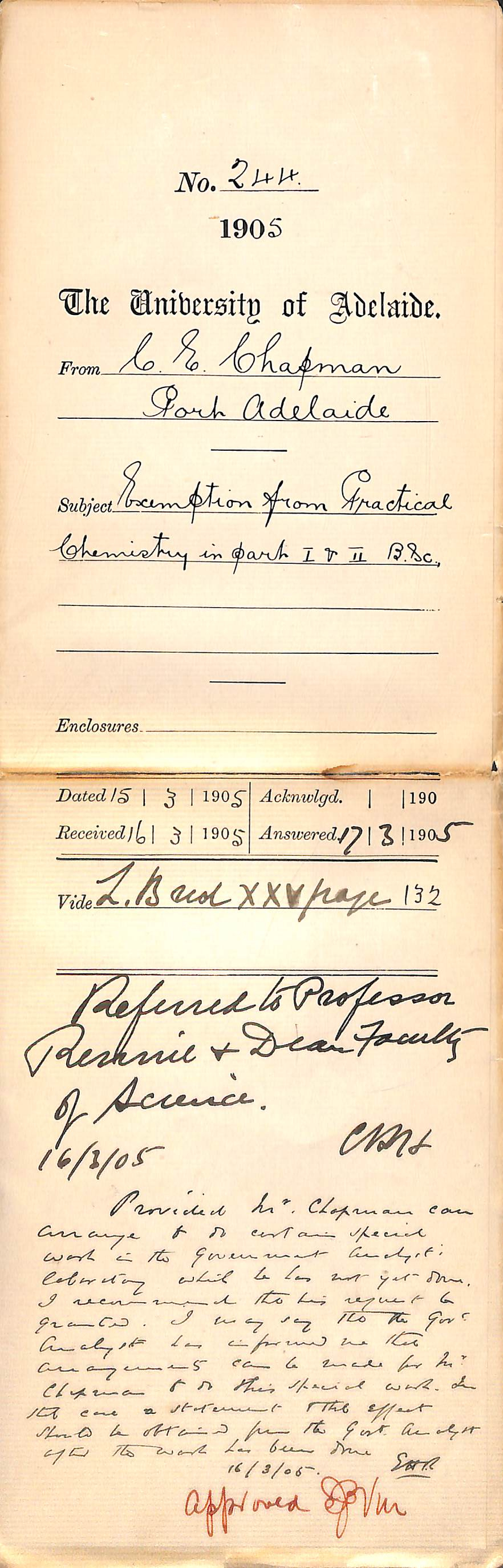 Exemption from Practical Chemistry in Part I and II BSc