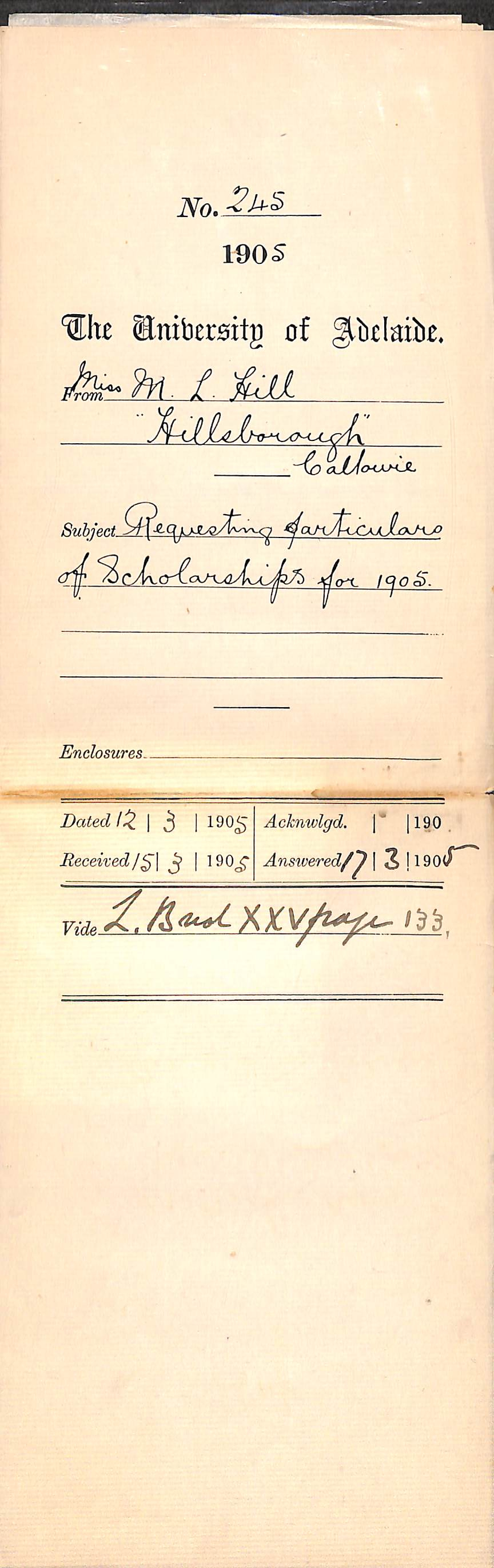 Requesting particulars of Scholarships for 1905
