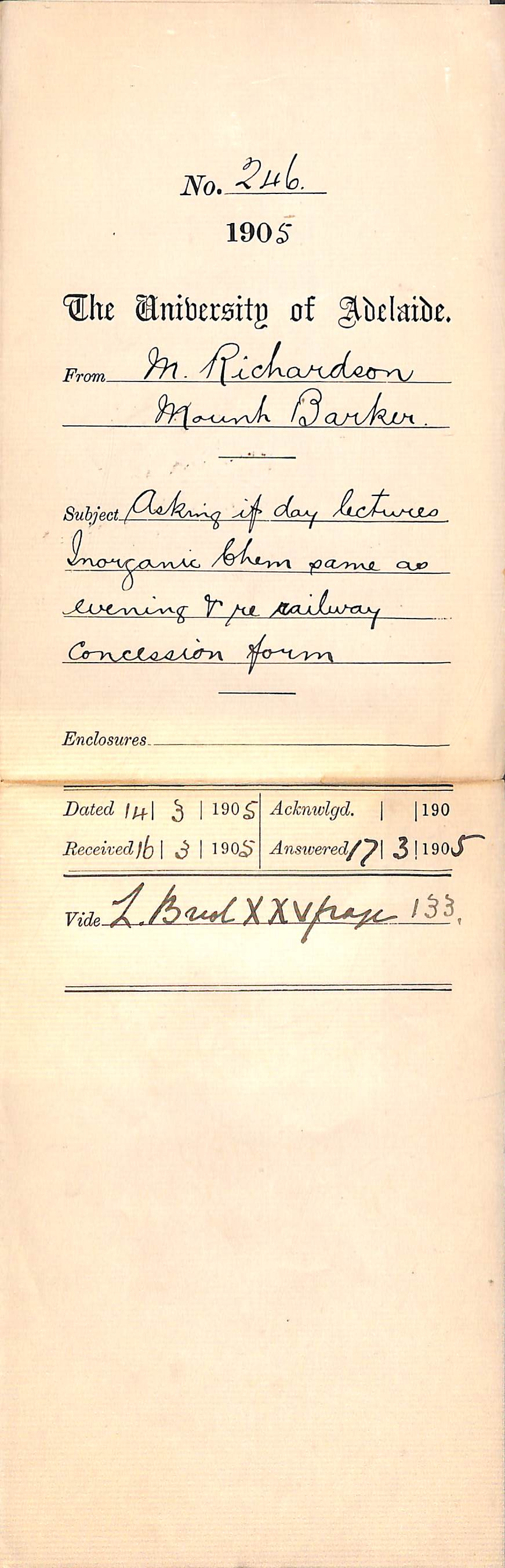 Asking if Day Lectures Inorganic Chemistry same as Evening and re Railway Concession Form