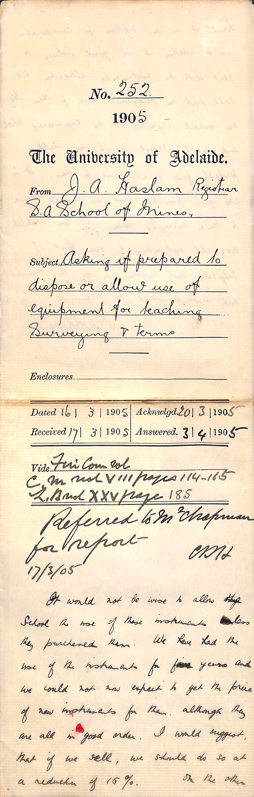 Asking if prepared to dispose or allow use of Equipment for Teaching Surveying and Terms