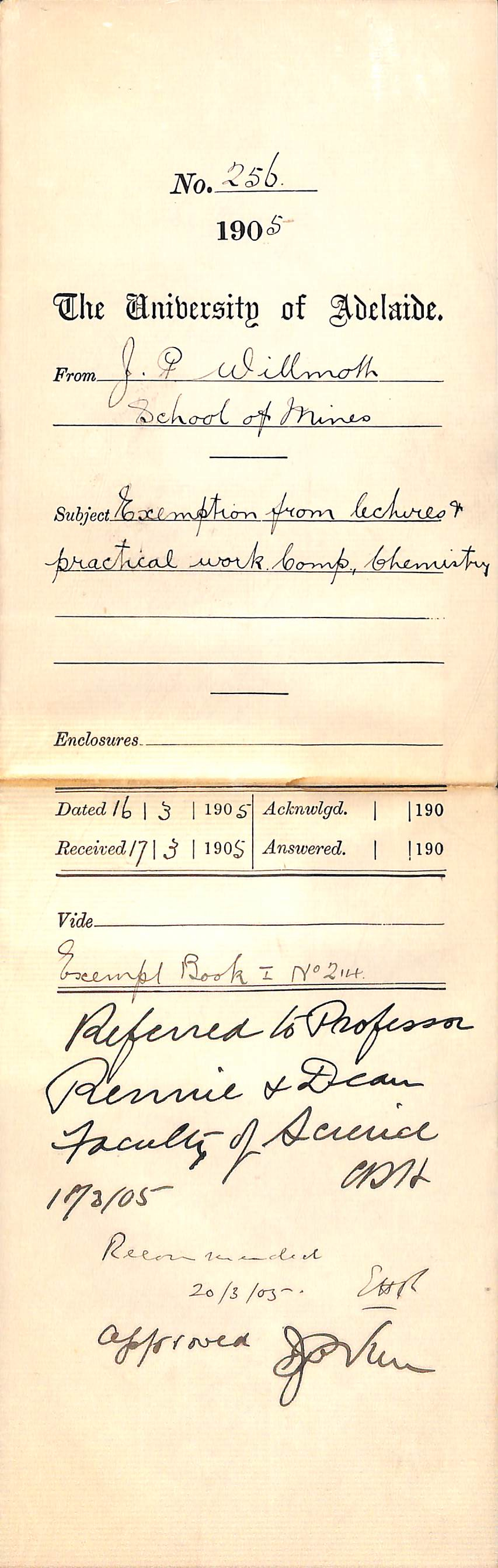 Exemption from Lectures and Practical Work Compulsory Chemistry