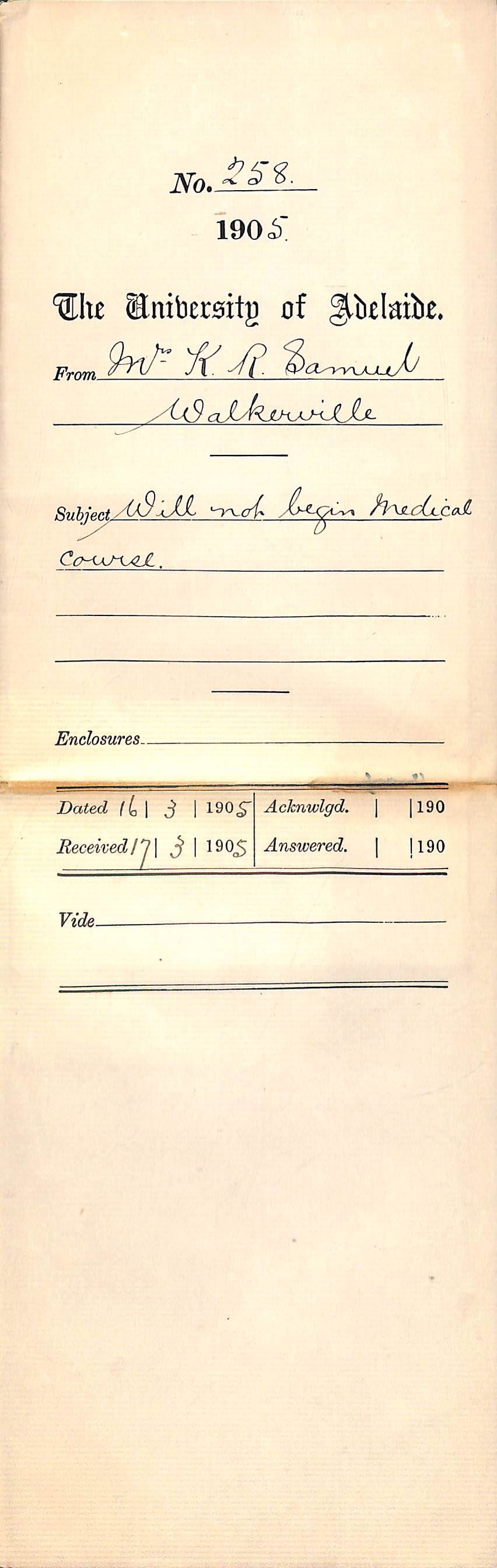 Will not begin Medical Course