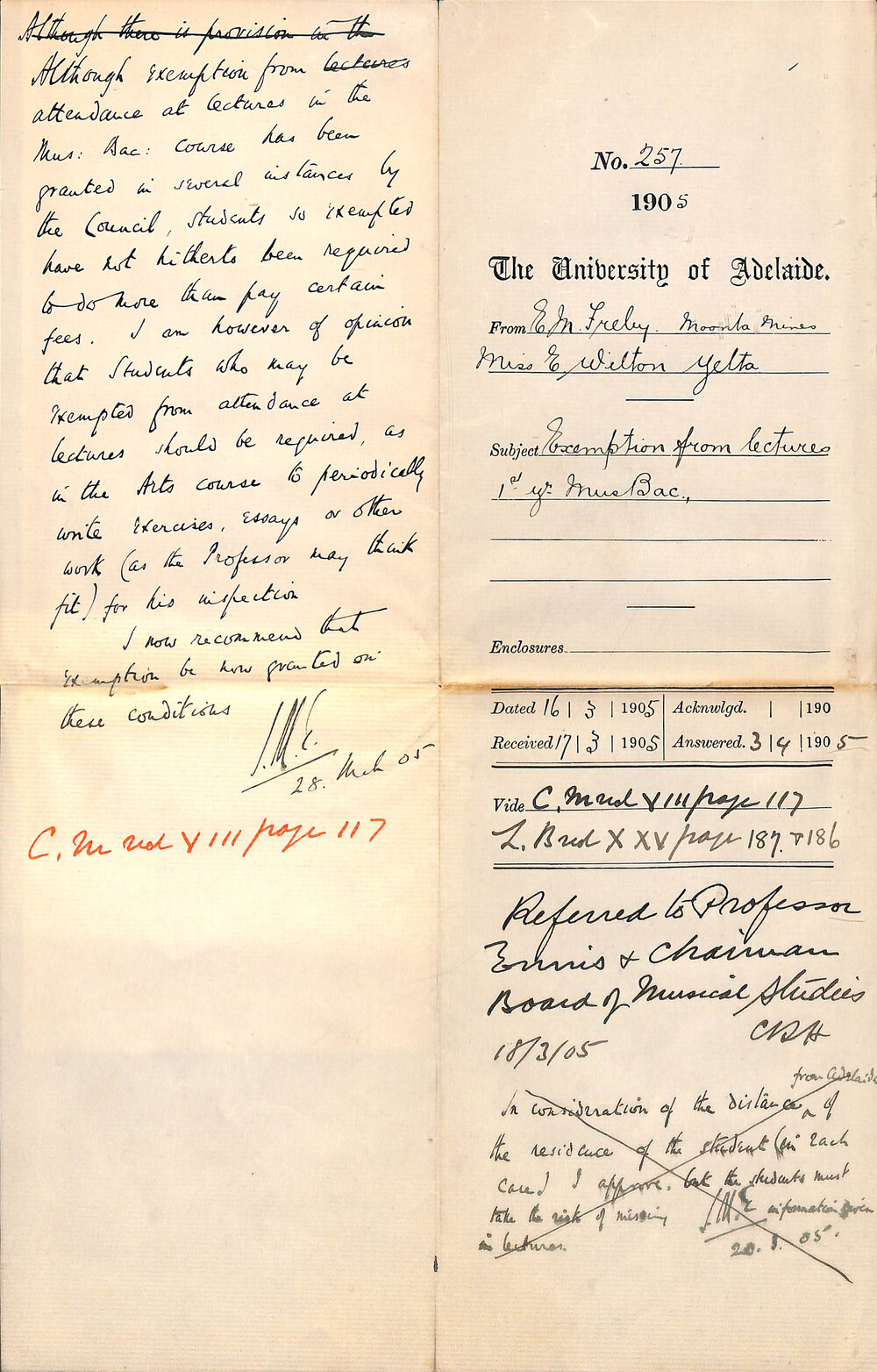 Exemption from Lectures 1st Year Mus Bac