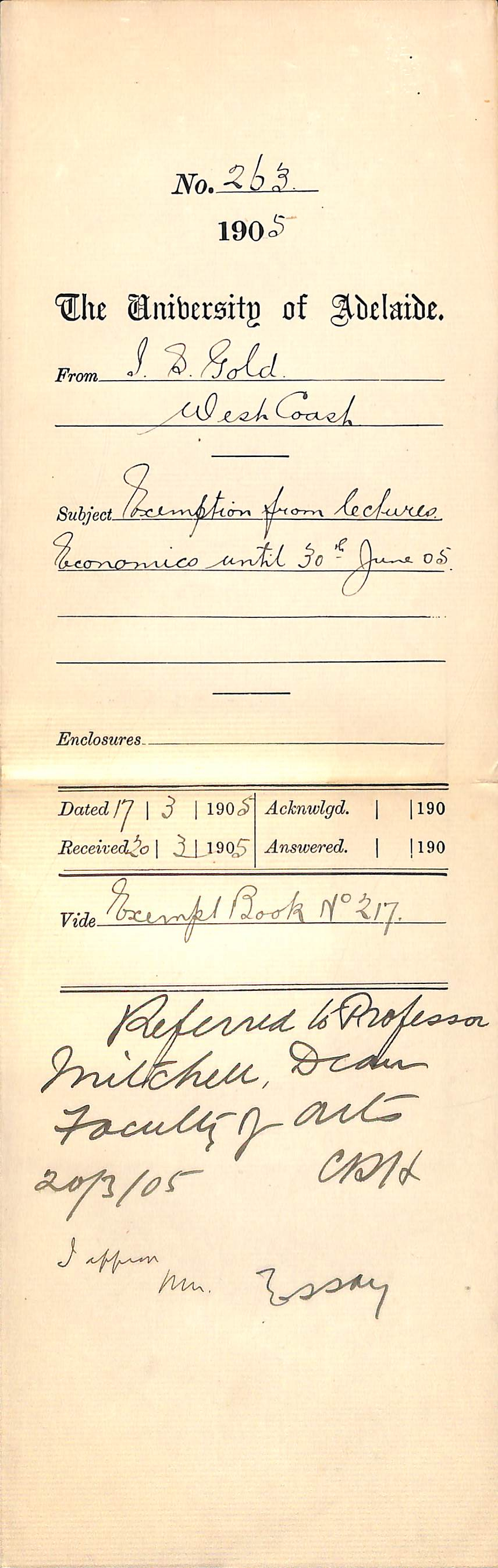Exemption from Lectures Economics until 30th June 1905