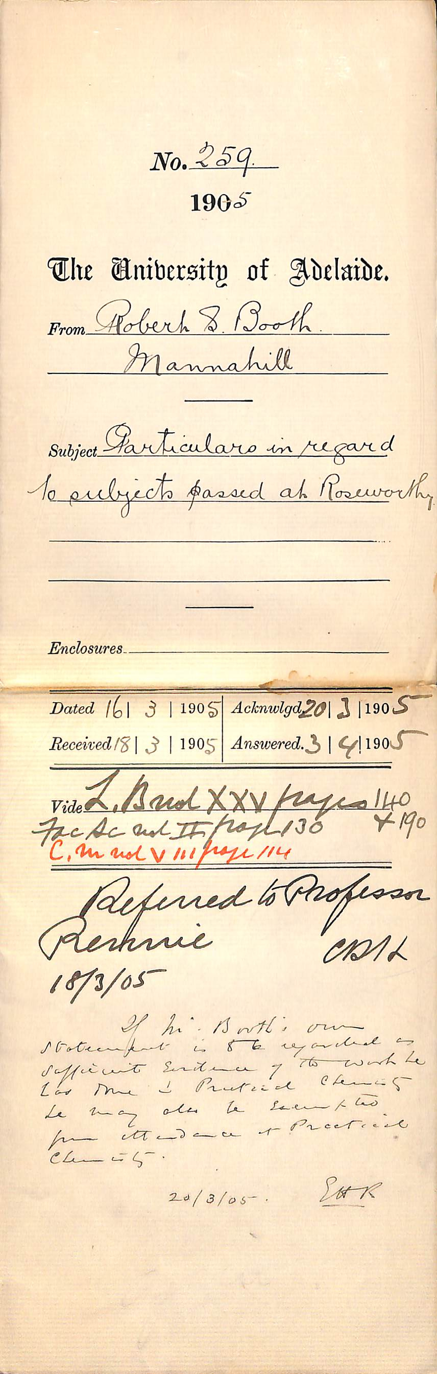 Particulars in regard to subjects passed at Roseworthy