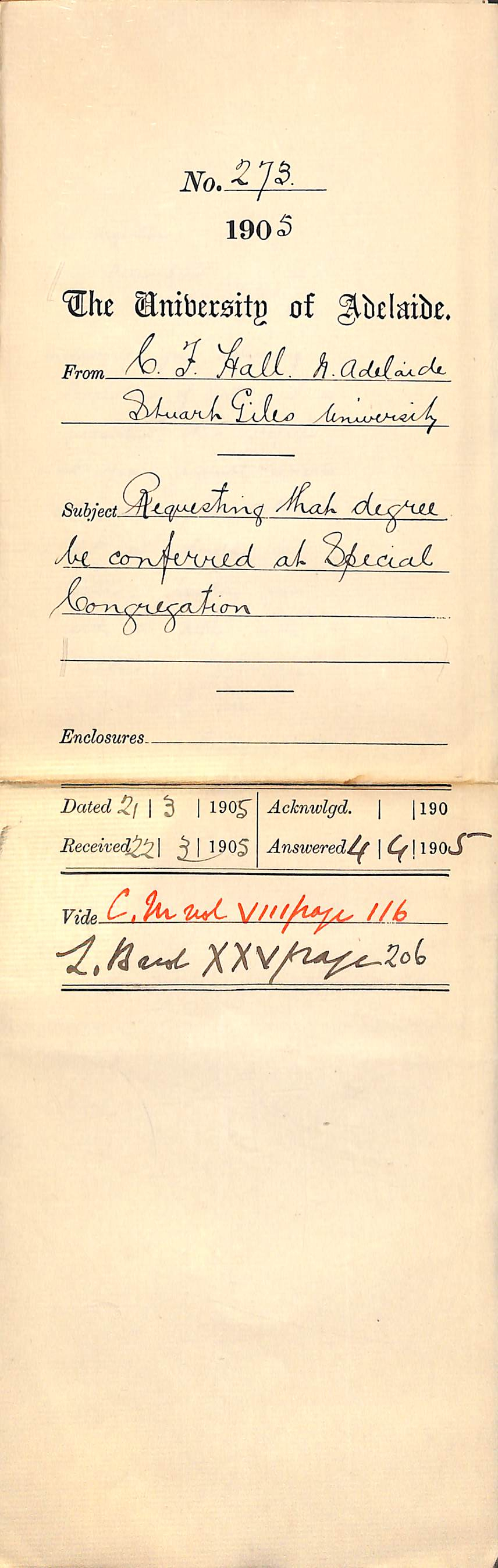 Requesting that Degrees be conferred at Special Congregation